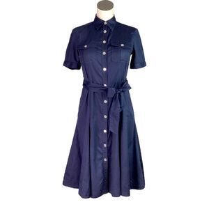 Lauren Ralph Lauren Shirt Dress Women 4 Blue Button Tie Short Sleeve Midi Pocket
